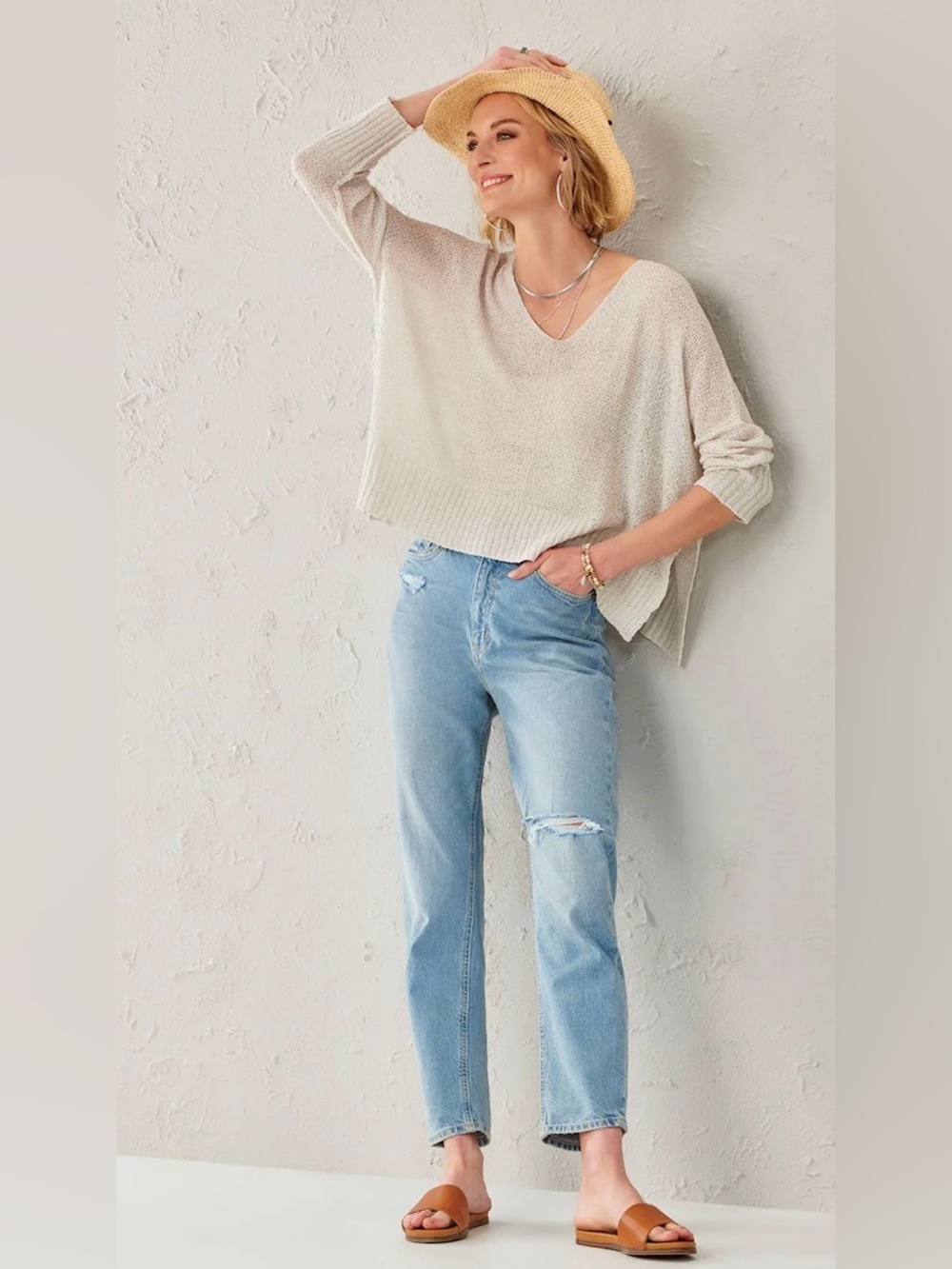 Charlie Paige Paula Vee Boutique Pop Over Cream Relaxed Ribbon Knit Sweater L/XL